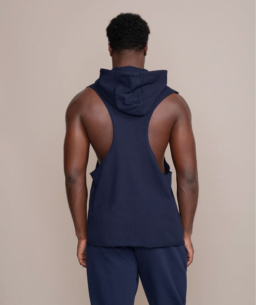 golds gym sleeveless hoodie in navy blue exposed shoulder muscles