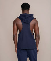 golds gym sleeveless hoodie in navy blue exposed shoulder muscles