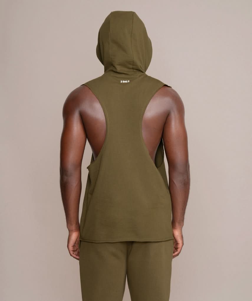 golds gym sleeveless hoodie in olive army green exposed shoulder trap muscles