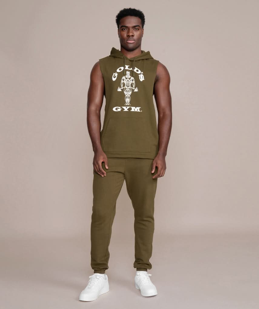 golds gym sleeveless hoodie in olive army green full outfit