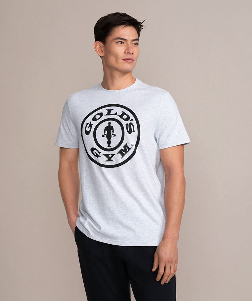 golds gym weight plate logo shirt in gray 