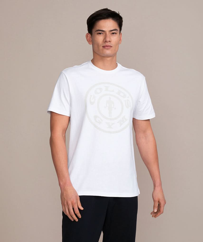 golds gym weight plate logo shirt in white