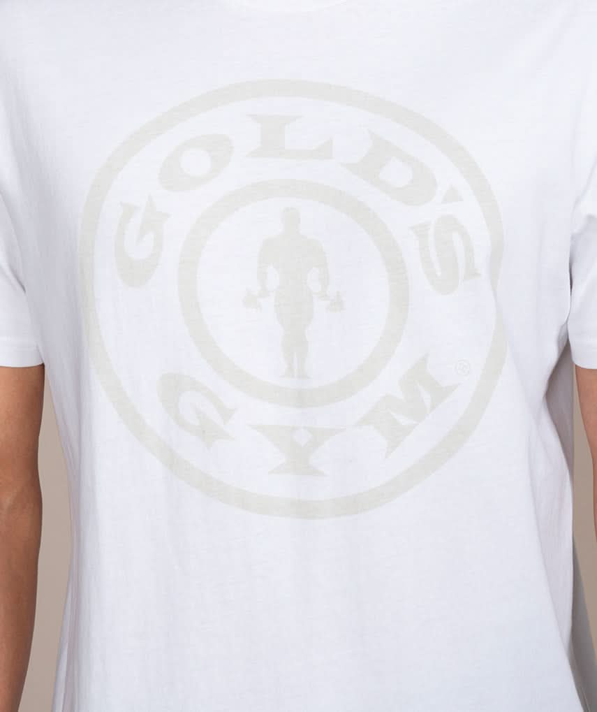golds gym weight plate logo shirt in white and silver closeup
