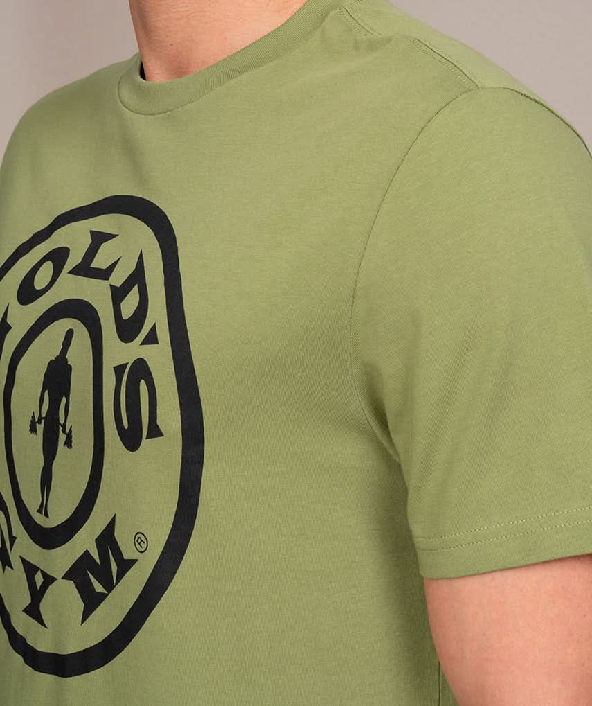 golds gym weight plate logo t-shirt army green side view