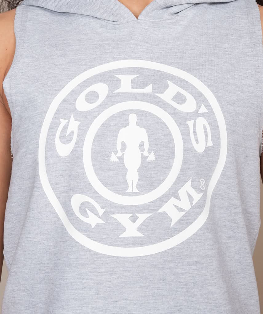 gray hooded tank top for women with golds gym logo