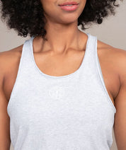 gray womens tank for fitness with white golds gym logo