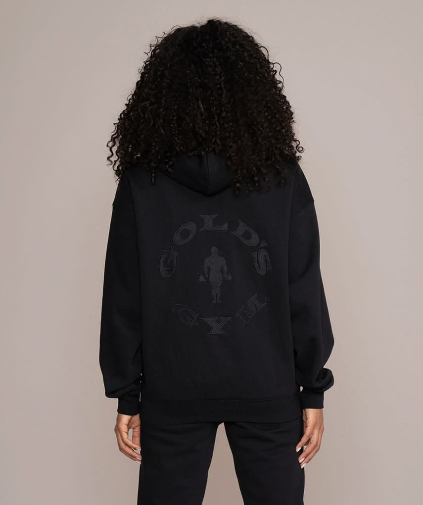 large golds gym logo on back of hoodie
