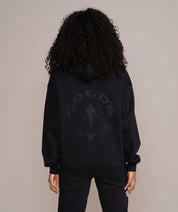 large golds gym logo on back of hoodie