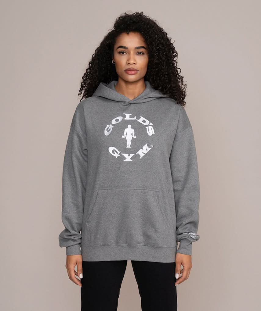 large oversized gray hoodie with golds gym logo
