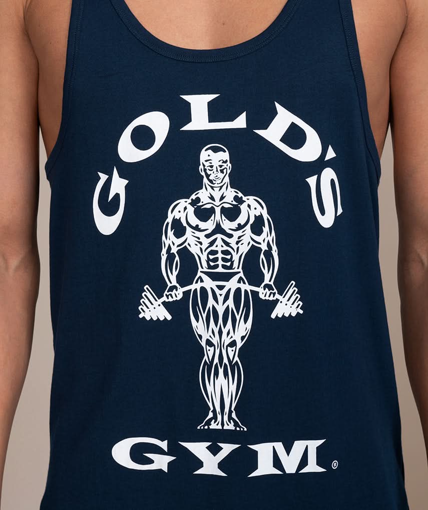 mens stringer tank top gym shirt golds gym logo in blue