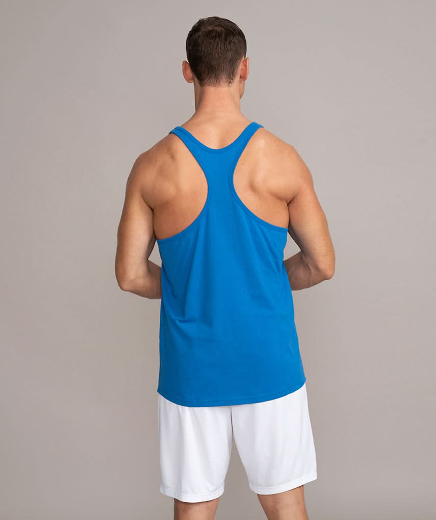 mens stringer tank top gym shirt light blue back side