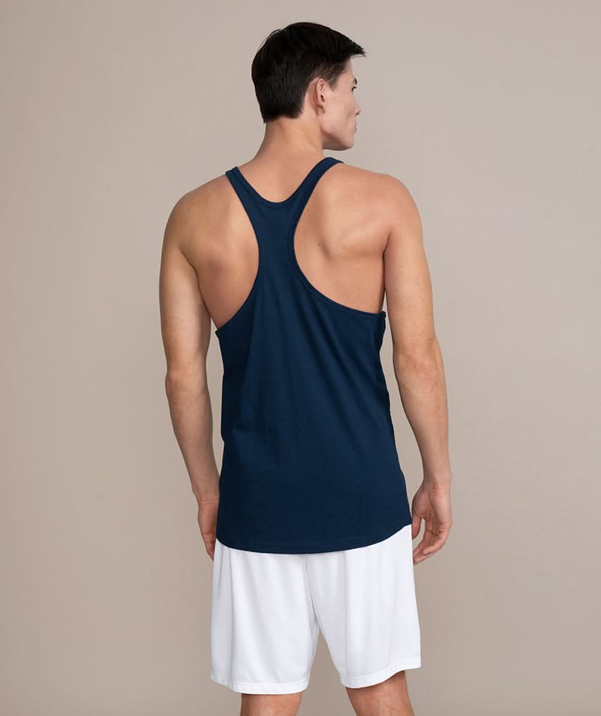 mens stringer tank top gym shirt navy back view