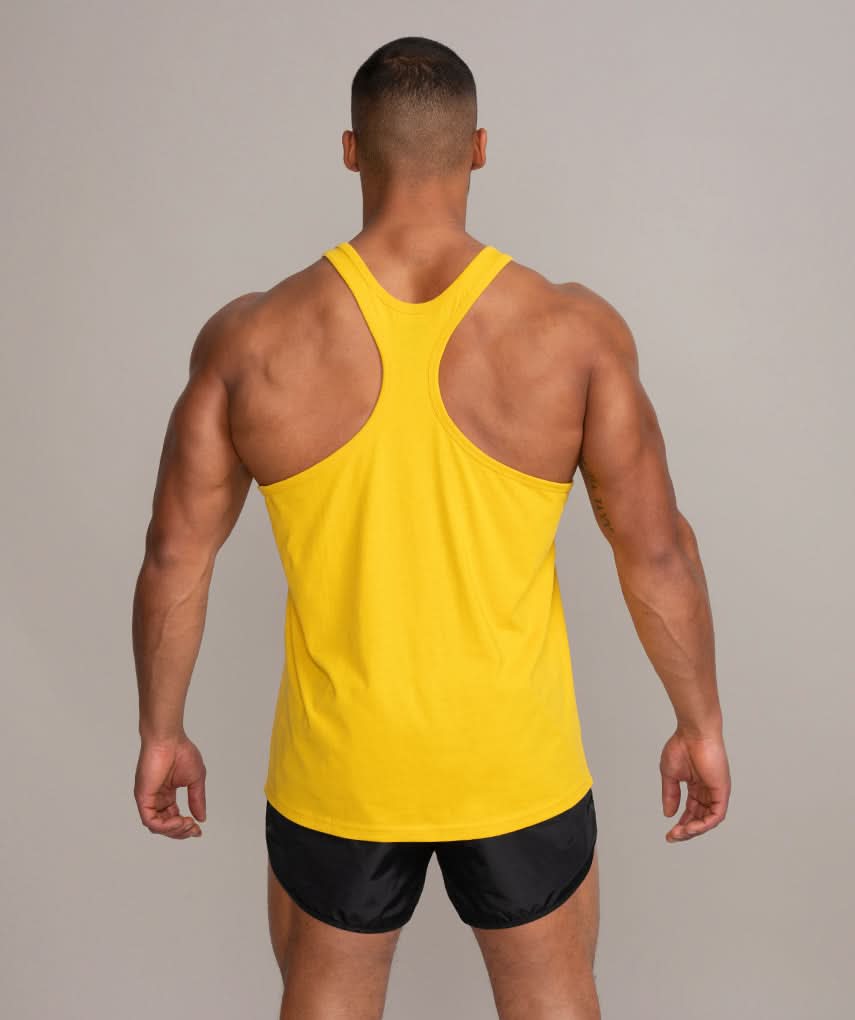 mens stringer tank top gym shirt yellow back view