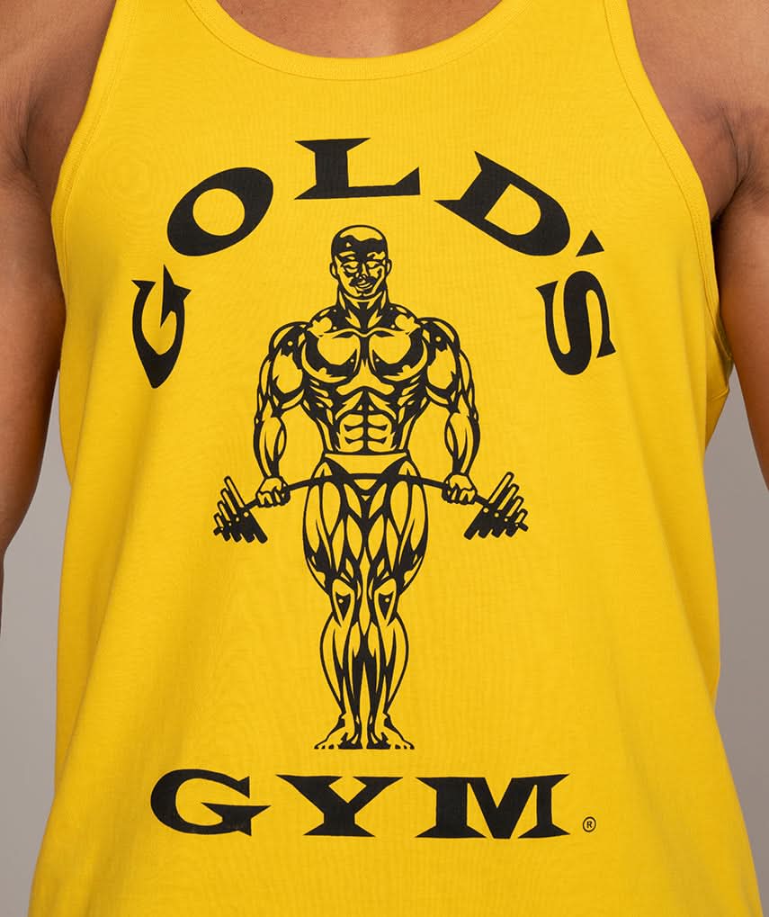 mens stringer tank top gym shirt yellow golds gym logo