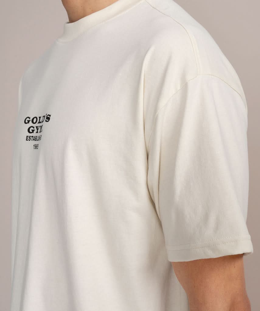 side view of off white shirt for men with golds gym logo