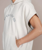 side view of oversized white sleeveless hoodie