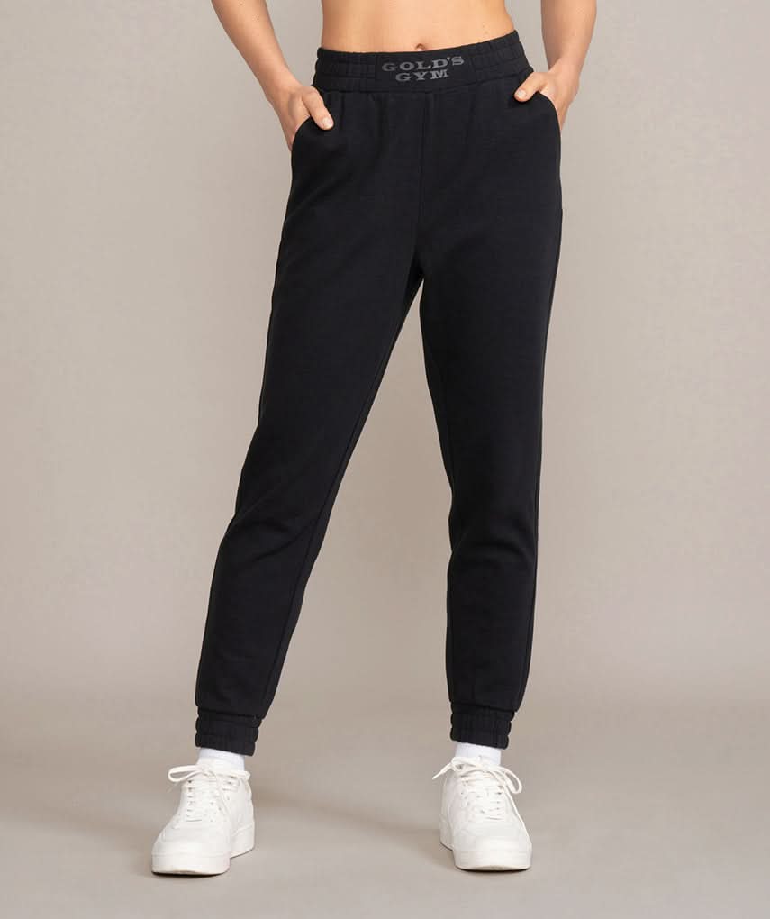 womens jogger sweatpants with golds gym logo in black
